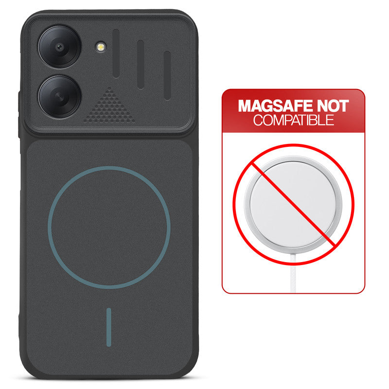Stone Black back cover for Poco C81x 4G with printed ring pattern and message showing not compatible with MagSafe charging.