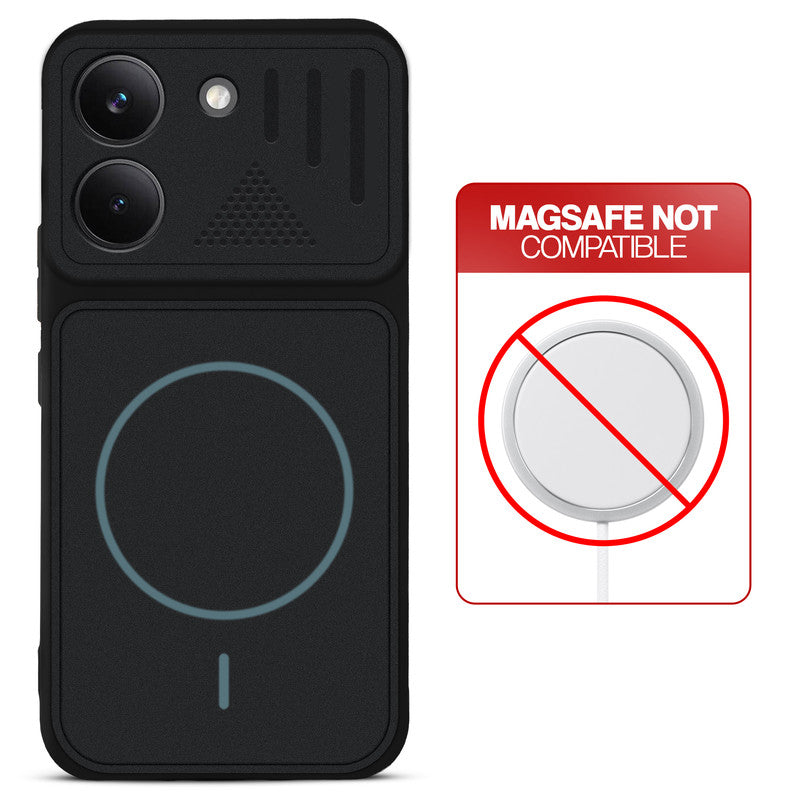 Stone Black back cover for Poco X8 Pro 5G with printed ring pattern and message showing not compatible with MagSafe charging.