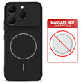 Stone Black - Blue Ring back cover for Realme 15T 5Gwith printed ring pattern and message showing not compatible with MagSafe charging.