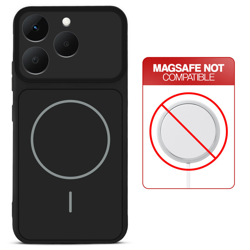 Stone Black - Blue Ring back cover for Realme 15T 5Gwith printed ring pattern and message showing not compatible with MagSafe charging.