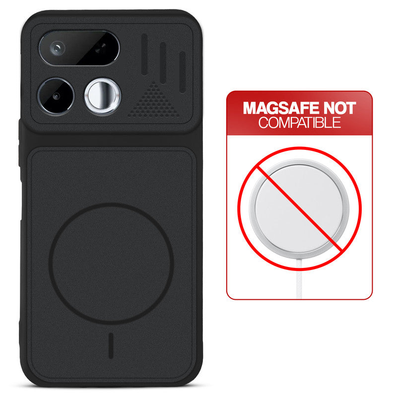 Stone Black back cover for Realme 16T 5G with printed ring pattern and message showing not compatible with MagSafe charging.