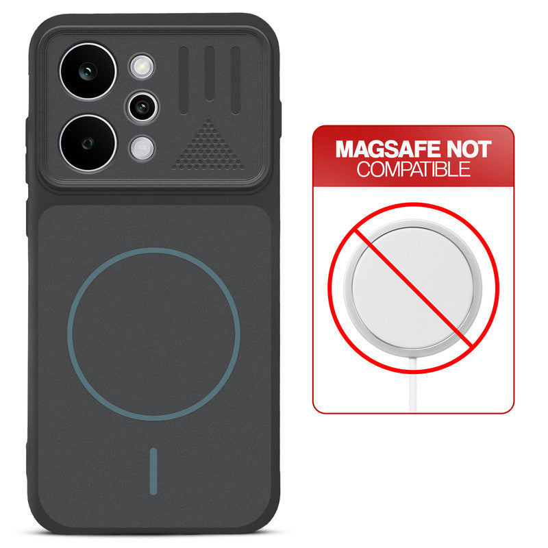 Stone Black back cover for Realme P4 Power 5G with printed ring pattern and message showing not compatible with MagSafe charging.