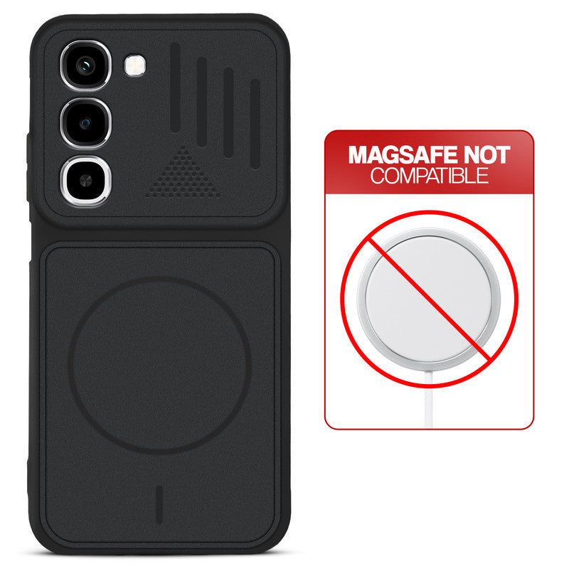 Stone Black back cover for Realme P4R 5G with printed ring pattern and message showing not compatible with MagSafe charging.