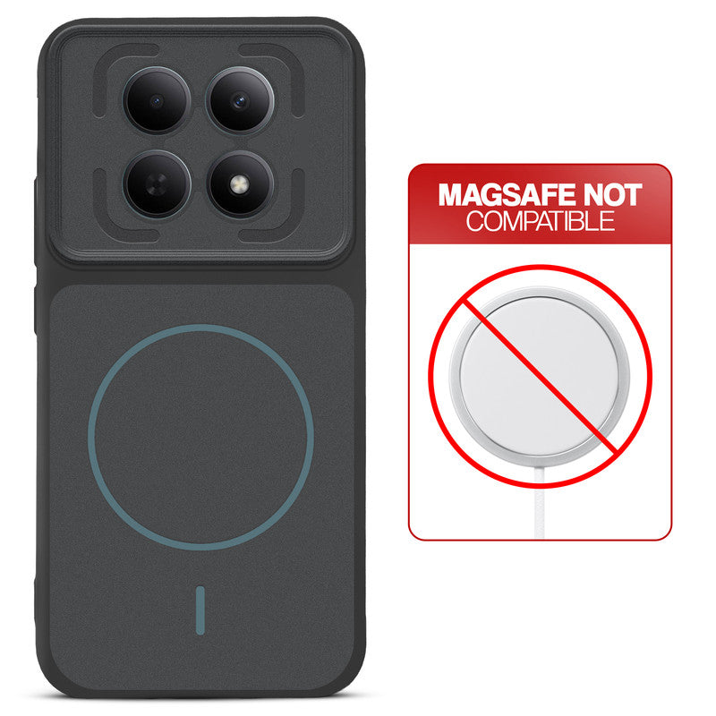 Stone Black back cover for Redmi Note 15 5G with printed ring pattern and message showing not compatible with MagSafe charging.