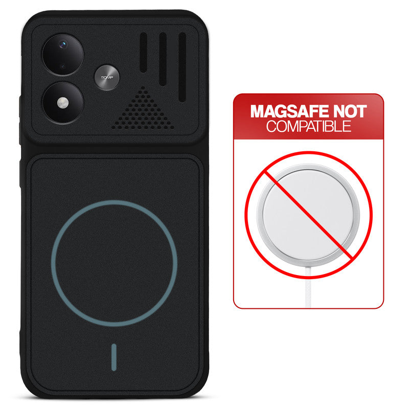 Stone Black back cover for Redmi Note 17 5G with printed ring pattern and message showing not compatible with MagSafe charging.