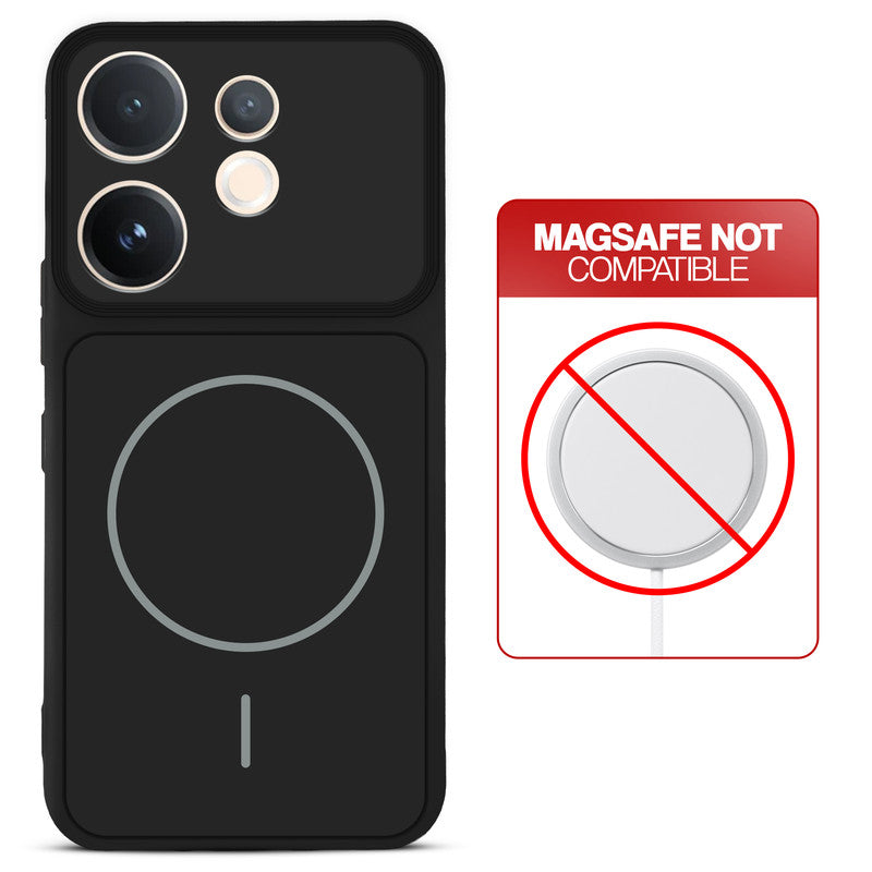 Stone Black back cover for Vivo T4 Pro 5G with printed ring pattern and message showing not compatible with MagSafe charging.
