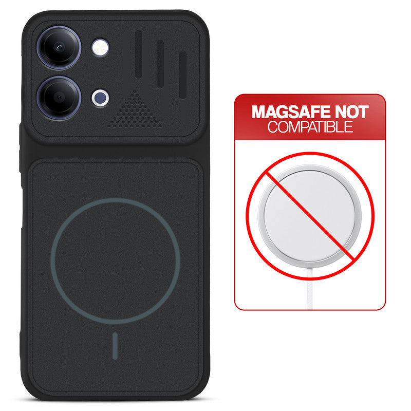 Stone Black back cover for Vivo T5 Lite 5G with printed ring pattern and message showing not compatible with MagSafe charging.