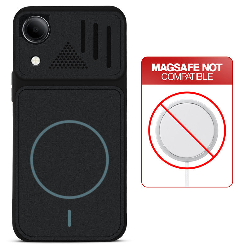 Stone Black back cover for Vivo T5e 5G with printed ring pattern and message showing not compatible with MagSafe charging.