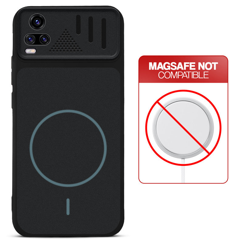 Stone Black back cover for Vivo V20 with printed ring pattern and message showing not compatible with MagSafe charging.
