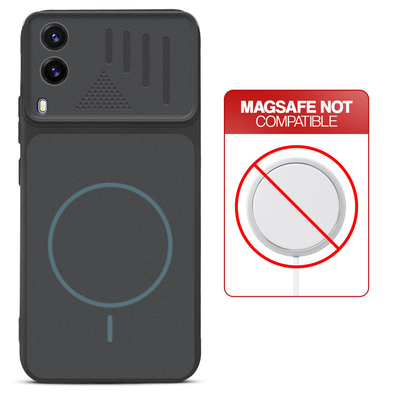 Stone Black back cover for Vivo V21e 5G with printed ring pattern and message showing not compatible with MagSafe charging.