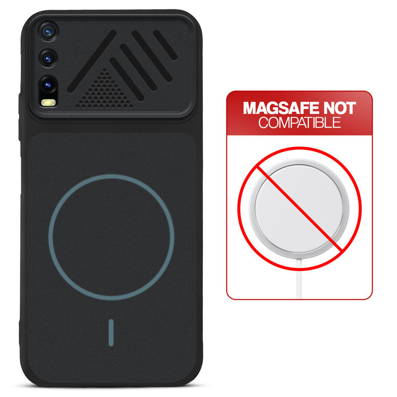 Stone Black back cover for Vivo Y20 with printed ring pattern and message showing not compatible with MagSafe charging.