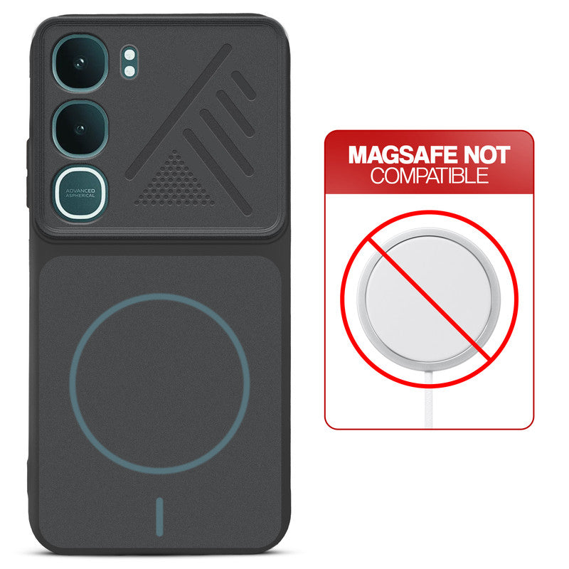 Stone Black back cover for Vivo Y31 Pro 5G with printed ring pattern and message showing not compatible with MagSafe charging.