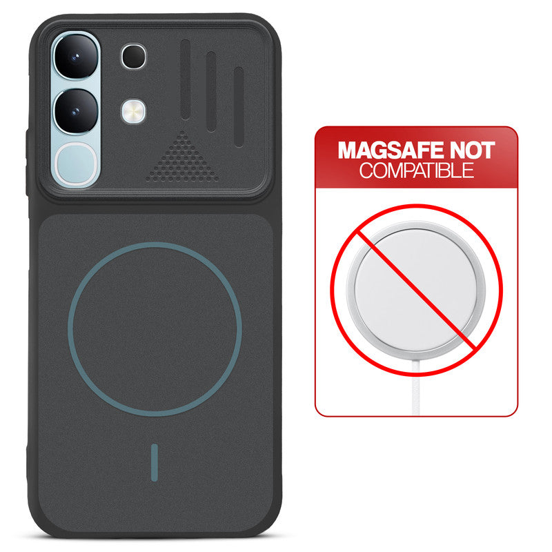 Stone Black back cover for Vivo Y31 5G with printed ring pattern and message showing not compatible with MagSafe charging.