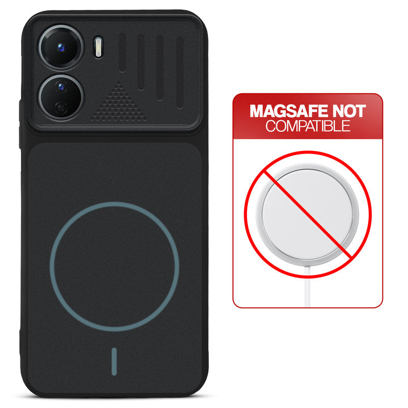 Stone Black - Blue Ring back cover for Vivo Y56 5G with printed ring pattern and message showing not compatible with MagSafe charging.