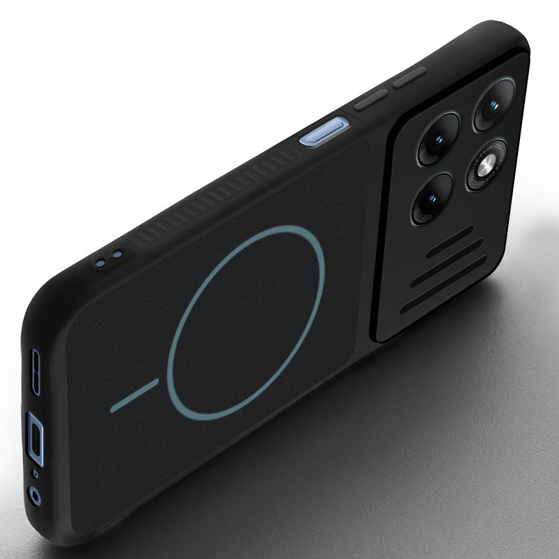 Angled view of Stone Black mobile case for Motorola G37 Power 5G with proper charging port cutout, speaker holes and strong corner protection.