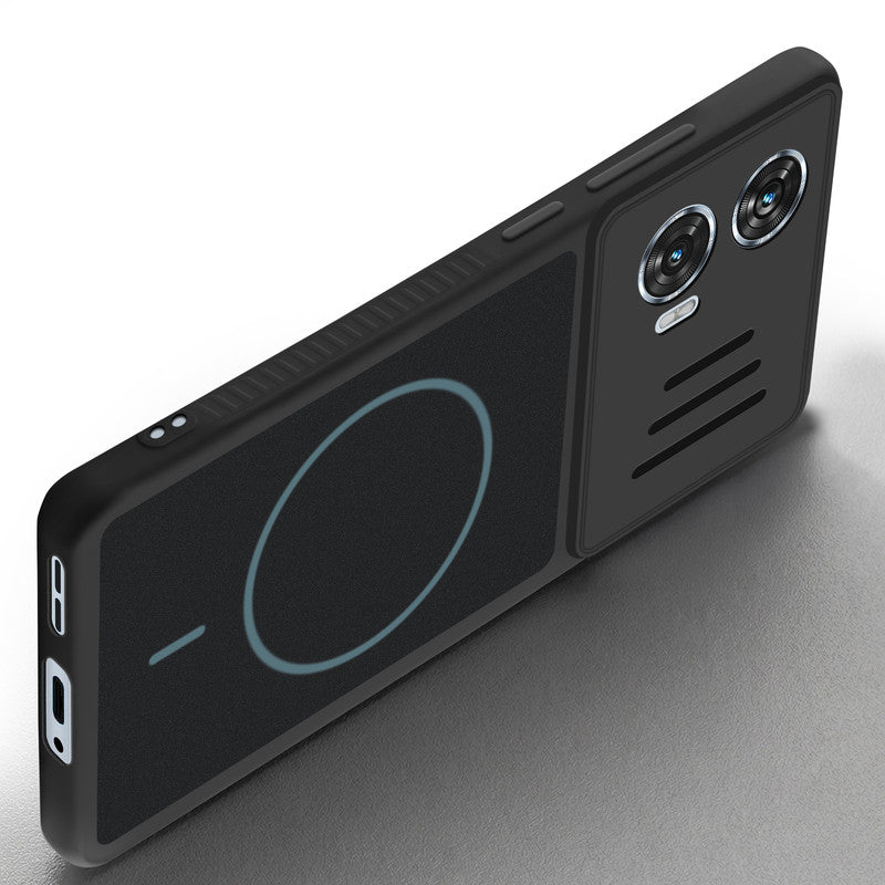 Angled view of Stone Black mobile case for Motorola Moto G85 5G with proper charging port cutout, speaker holes and strong corner protection.