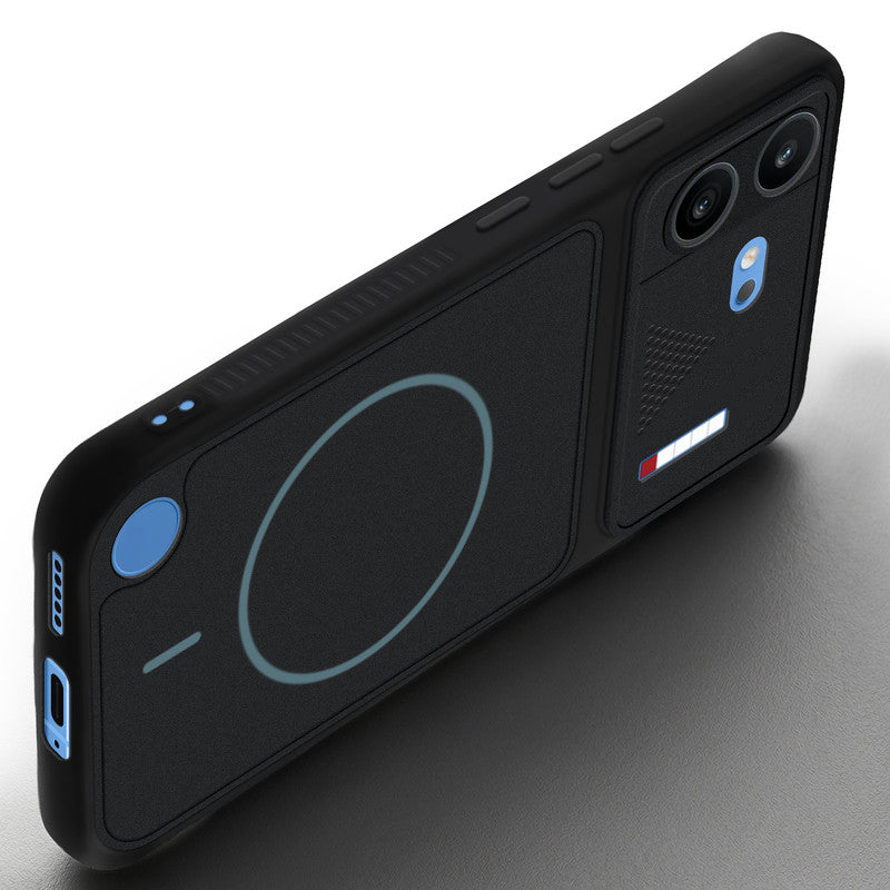 Angled view of Stone Black mobile case for Nothing Phone 4B 5G with proper charging port cutout, speaker holes and strong corner protection.