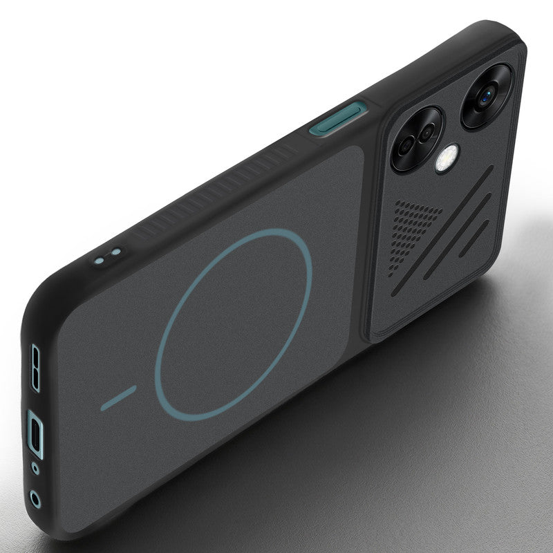 Angled view of Stone Black mobile case for OnePlus Nord CE 3 Lite 5G with proper charging port cutout, speaker holes and strong corner protection.