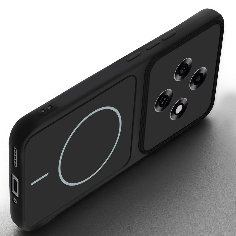 Angled view of Stone Black mobile case for Oppo F31 Pro 5G with proper charging port cutout, speaker holes and strong corner protection.