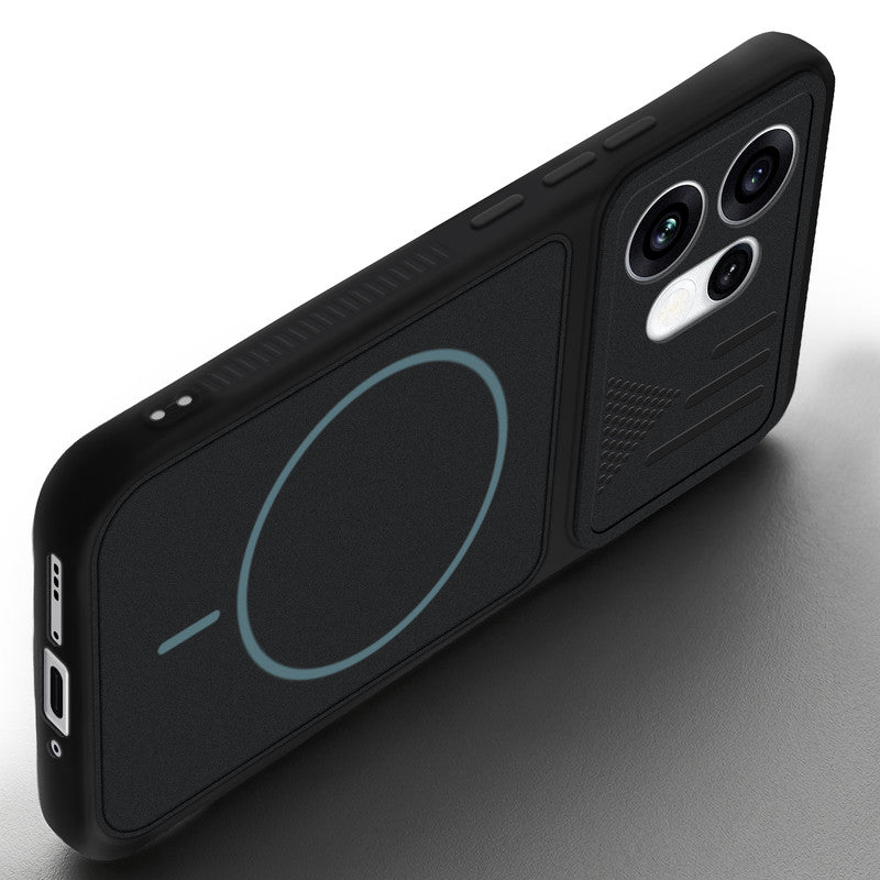 Angled view of Stone Black mobile case for Oppo Reno 16 5G with proper charging port cutout, speaker holes and strong corner protection.