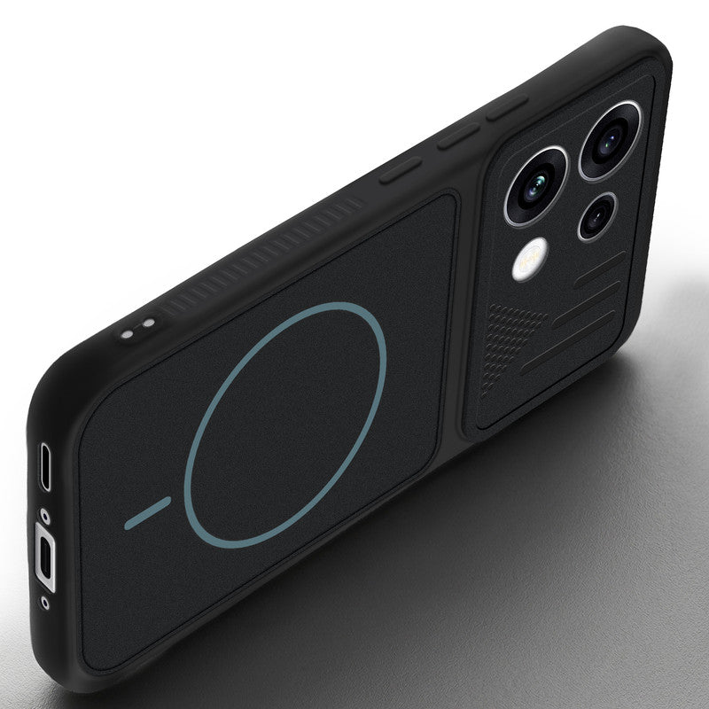 Angled view of Stone Black mobile case for Oppo Reno 16C 5G with proper charging port cutout, speaker holes and strong corner protection.
