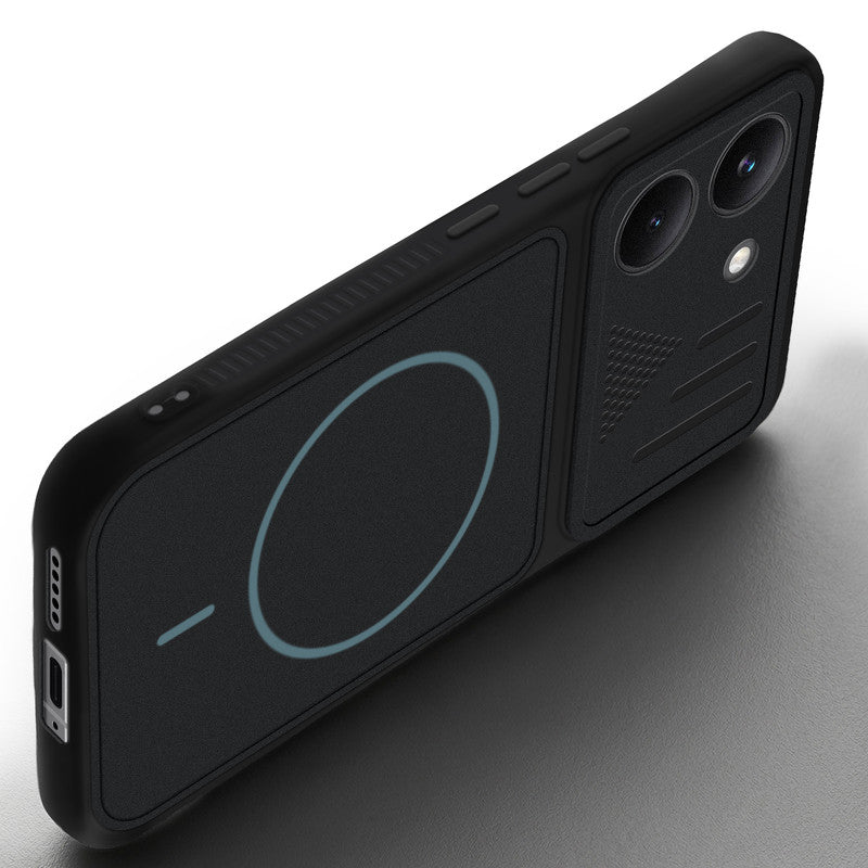 Angled view of Stone Black mobile case for Poco X8 Pro 5G with proper charging port cutout, speaker holes and strong corner protection.