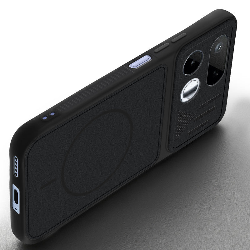 Angled view of Stone Black mobile case for Realme 16T 5G with proper charging port cutout, speaker holes and strong corner protection.