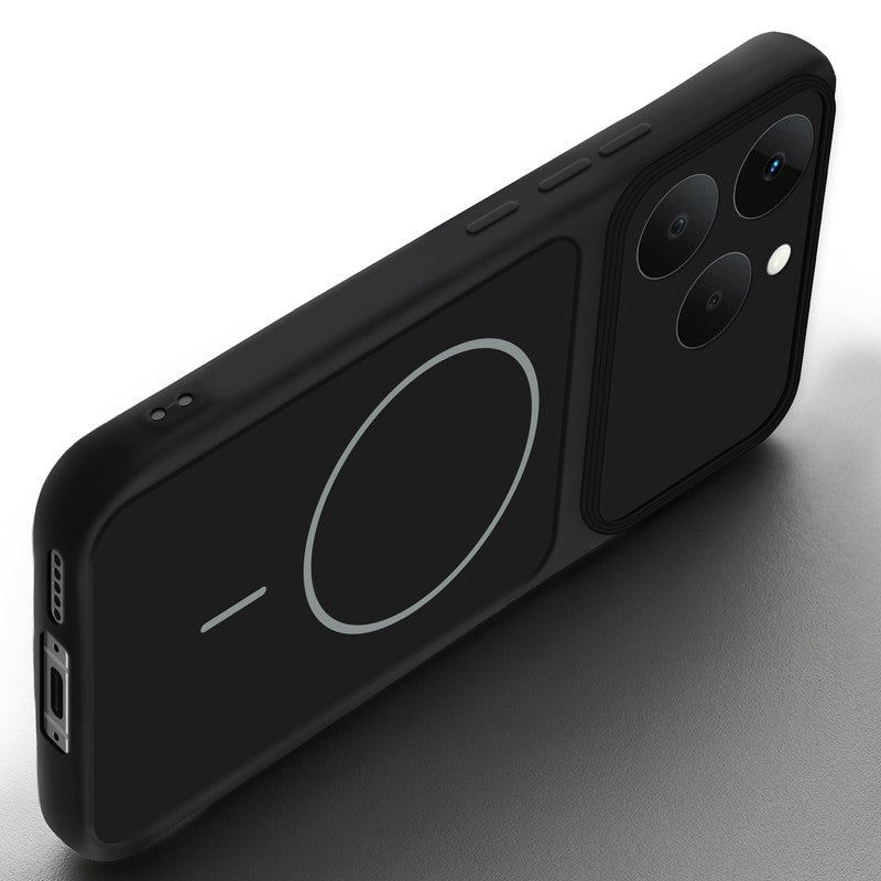 Angled view of Stone Black - Blue Ring mobile case for Realme Narzo 90 5G with proper charging port cutout, speaker holes and strong corner protection.