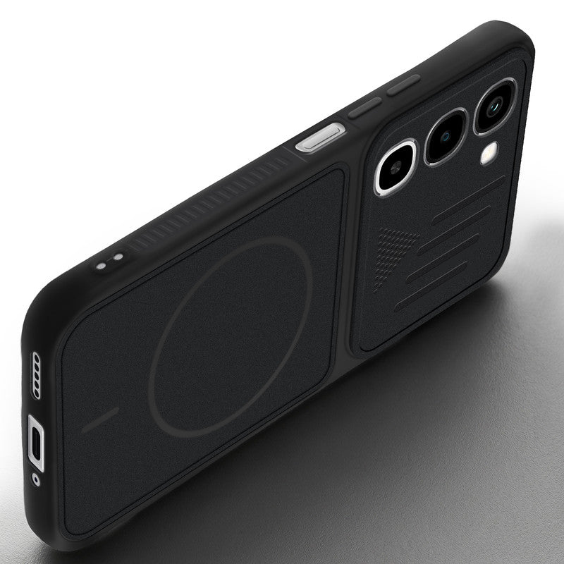 Angled view of Stone Black mobile case for Realme P4R 5G with proper charging port cutout, speaker holes and strong corner protection.