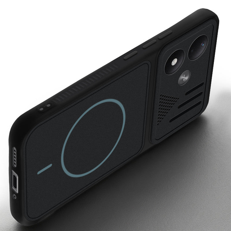 Angled view of Stone Black mobile case for Redmi Note 17 5G with proper charging port cutout, speaker holes and strong corner protection.