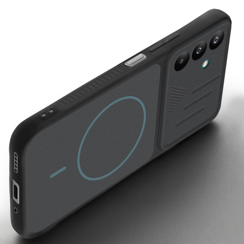 Angled view of Stone Black mobile case for Samsung M47 5G with proper charging port cutout, speaker holes and strong corner protection.