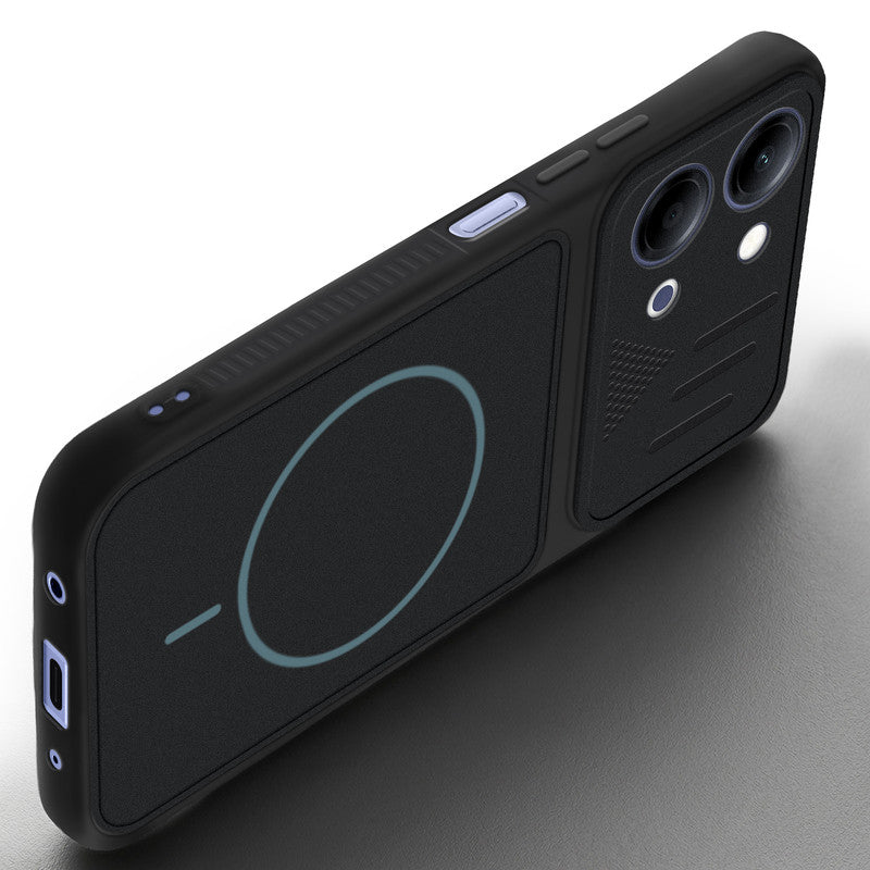 Angled view of Stone Black mobile case for Vivo T5 Lite 5G with proper charging port cutout, speaker holes and strong corner protection.