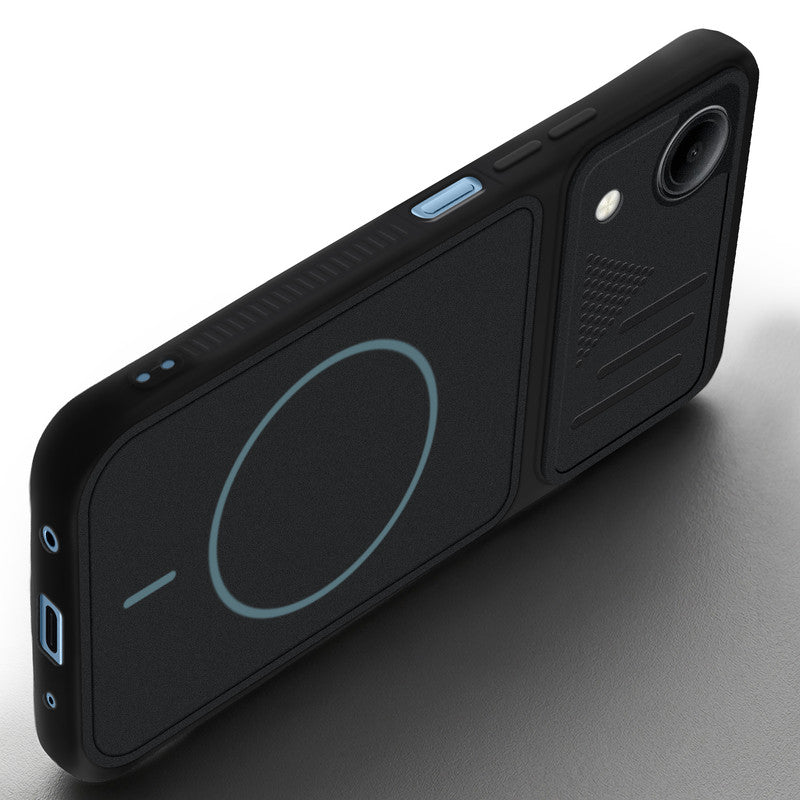 Angled view of Stone Black mobile case for Vivo T5e 5G with proper charging port cutout, speaker holes and strong corner protection.