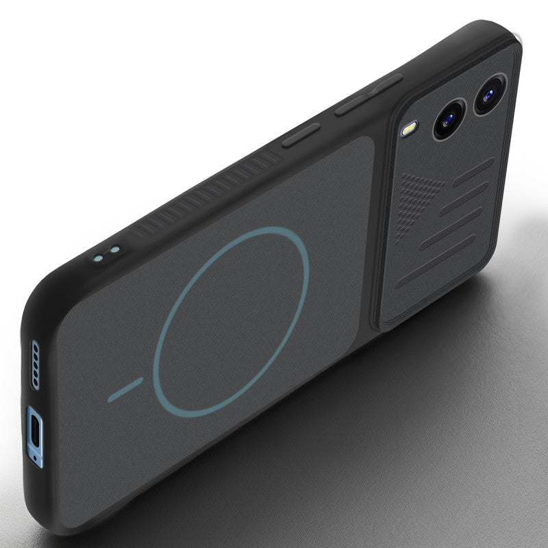 Angled view of Stone Black mobile case for Vivo V21e 5G with proper charging port cutout, speaker holes and strong corner protection.