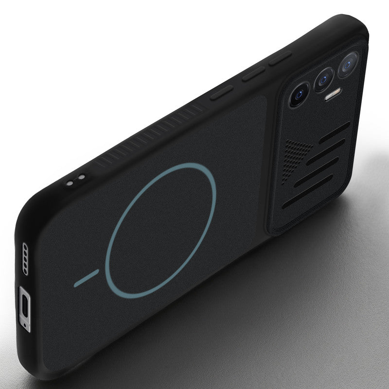 Angled view of Stone Black mobile case for Vivo V23e 5G with proper charging port cutout, speaker holes and strong corner protection.