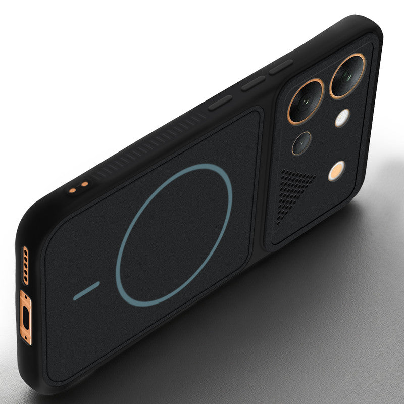 Angled view of Stone Black - Blue Ring mobile case for Vivo V80 5G with proper charging port cutout, speaker holes and strong corner protection.