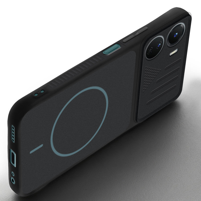 Angled view of Stone Black - Blue Ring mobile case for Vivo Y16 with proper charging port cutout, speaker holes and strong corner protection.