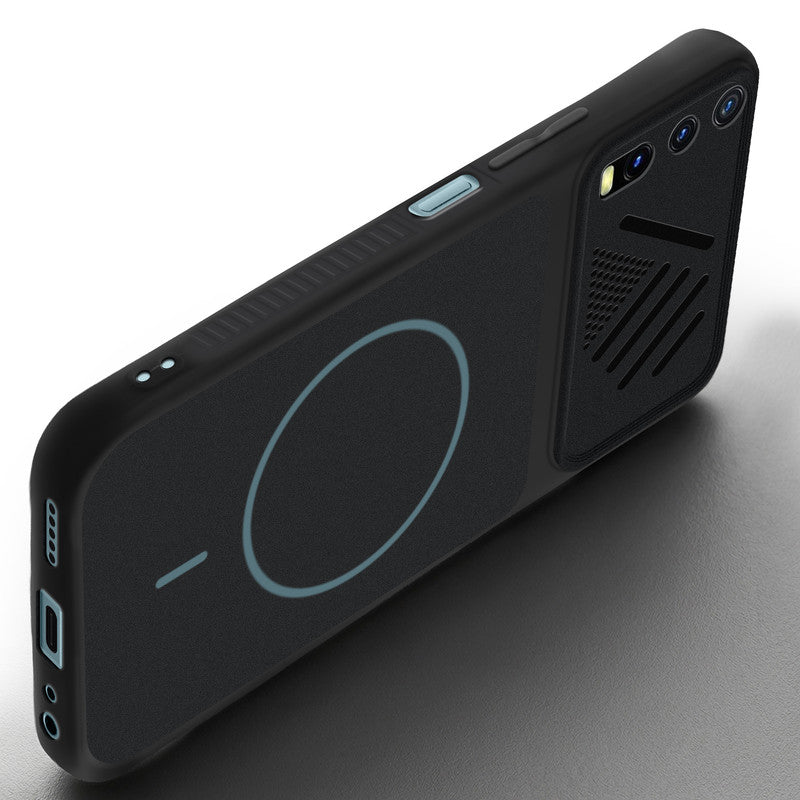 Angled view of Stone Black mobile case for Vivo Y20 with proper charging port cutout, speaker holes and strong corner protection.