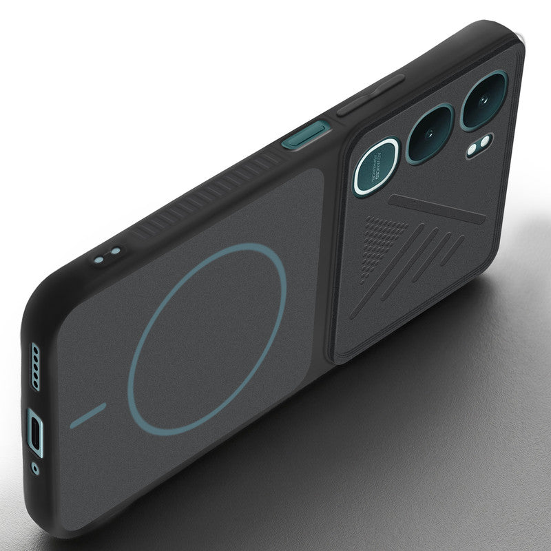Angled view of Stone Black mobile case for Vivo Y31 Pro 5G with proper charging port cutout, speaker holes and strong corner protection.