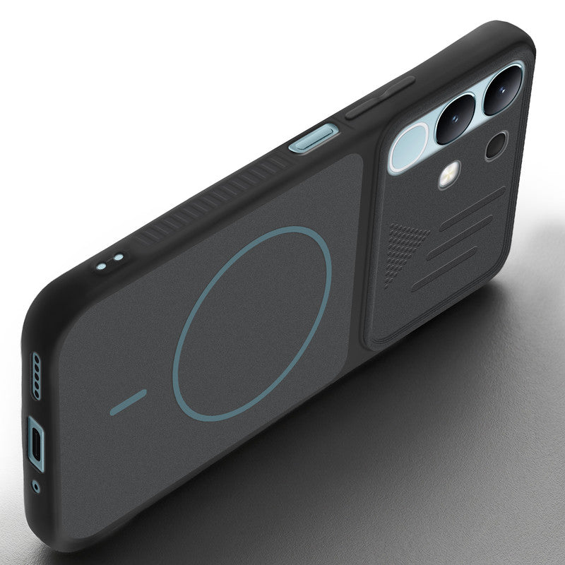 Angled view of Stone Black mobile case for Vivo Y31 5G with proper charging port cutout, speaker holes and strong corner protection.
