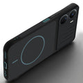 Angled view of Stone Black - Blue Ring mobile case for Vivo Y56 5G with proper charging port cutout, speaker holes and strong corner protection.