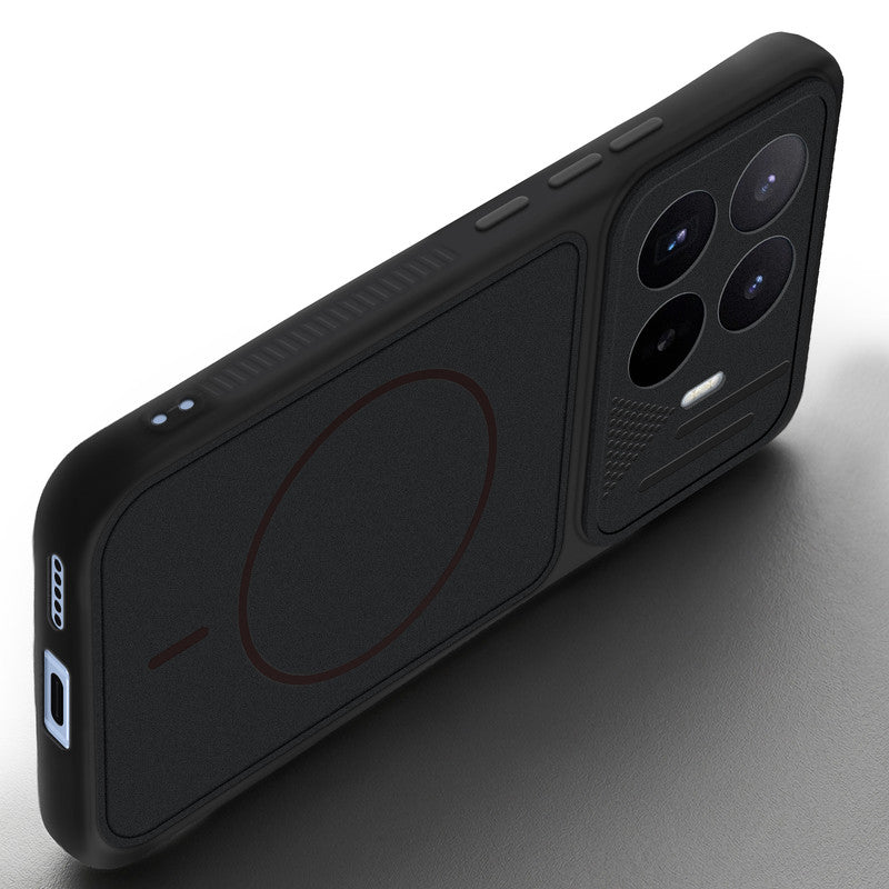 Angled view of Stone Black mobile case for Xiaomi 17T 5G with proper charging port cutout, speaker holes and strong corner protection.
