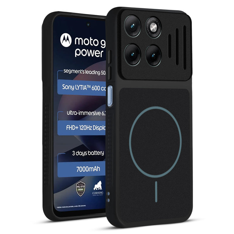 Front and back view of Stone Black protective back cover for Motorola G77 Power 5G with textured sides, camera guard and slim fit design.