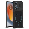 Front and back view of Stone Black protective back cover for Motorola Moto G85 5G with textured sides, camera guard and slim fit design.