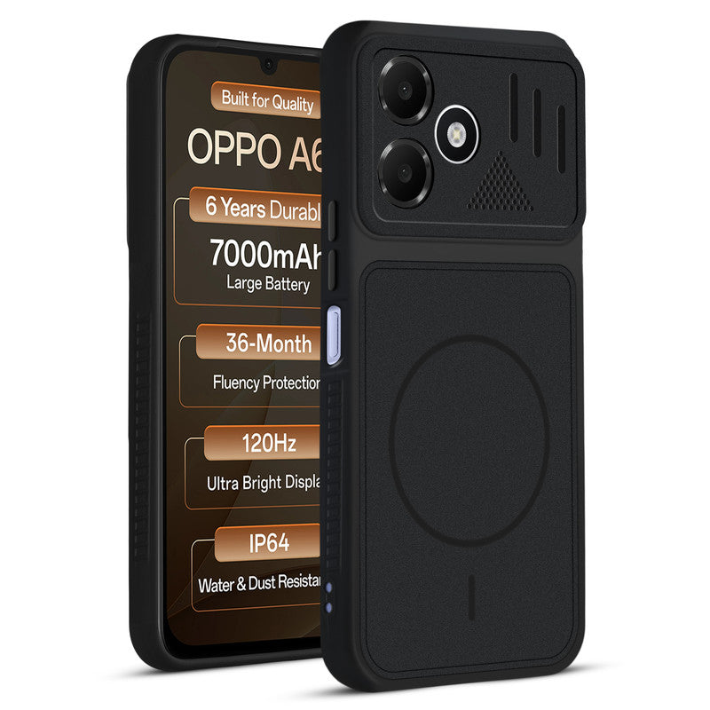 Front and back view of Stone Black protective back cover for Oppo A6C 4G with textured sides, camera guard and slim fit design.