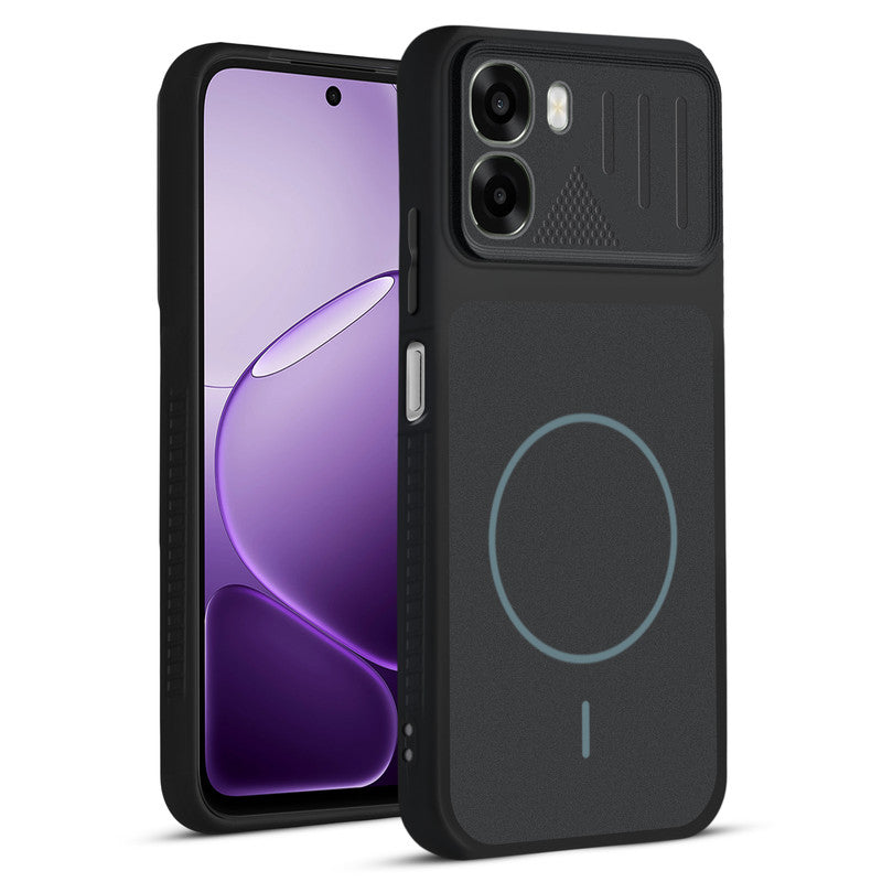Front and back view of Stone Black - Blue Ring protective back cover for Oppo A6s 5G with textured sides, camera guard and slim fit design.