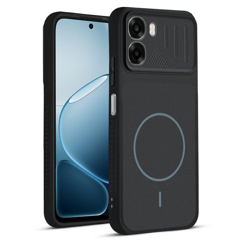 Front and back view of Stone Black - Blue Ring protective back cover for Oppo A6x 5G with textured sides, camera guard and slim fit design.