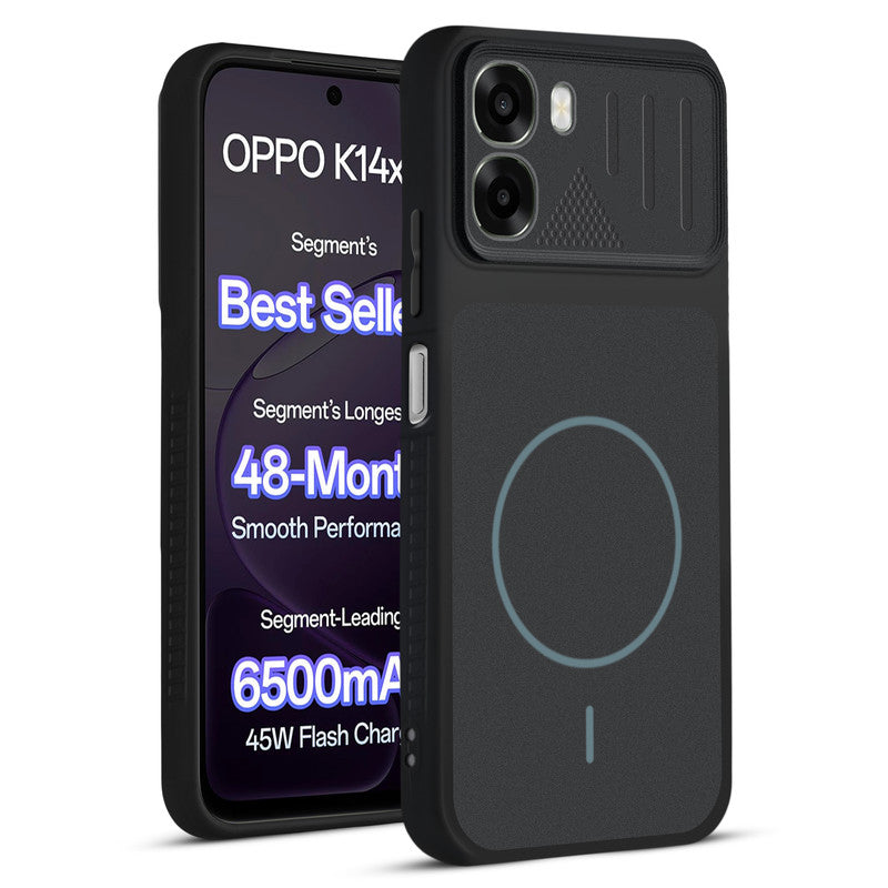 Front and back view of Stone Black - Blue Ring protective back cover for Oppo K14x 5G with textured sides, camera guard and slim fit design.