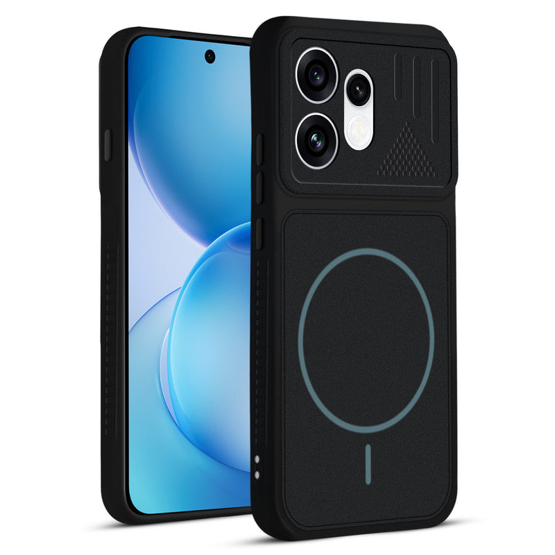 Front and back view of Stone Black protective back cover for Oppo Reno 16 5G with textured sides, camera guard and slim fit design.