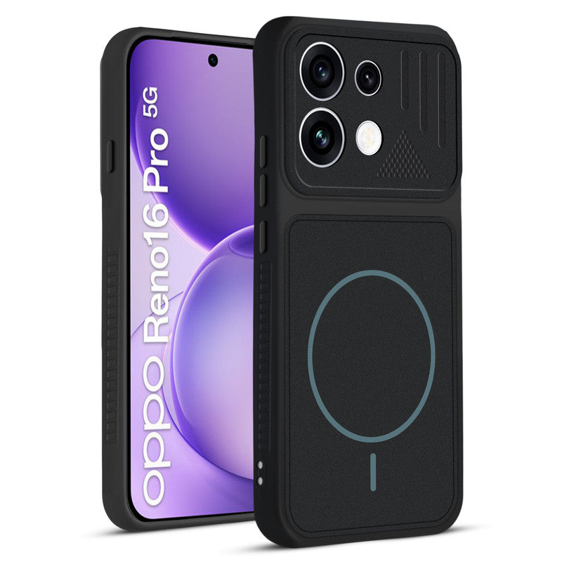 Front and back view of Stone Black protective back cover for Oppo Reno 16 Pro 5G with textured sides, camera guard and slim fit design.